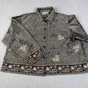 CHICO'S Jacket 3 Large Green Black Stripe Floral Silk Embroidered Lightweight